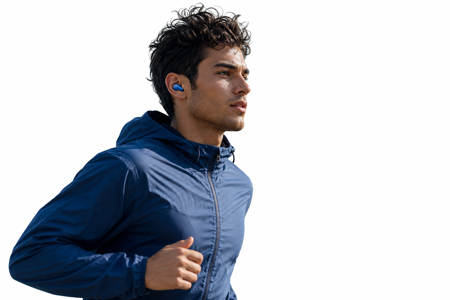Runner at dawn wearing cobalt Fold Buds