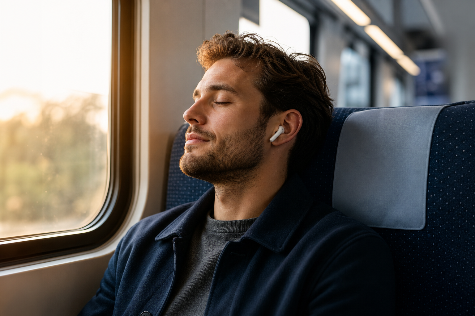 Commuter on a train wearing pearl Fold Buds, eyes closed