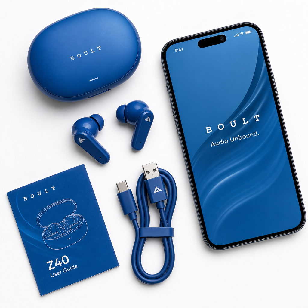 Flat-lay of Fold Buds, case and cable on a pale blue desk